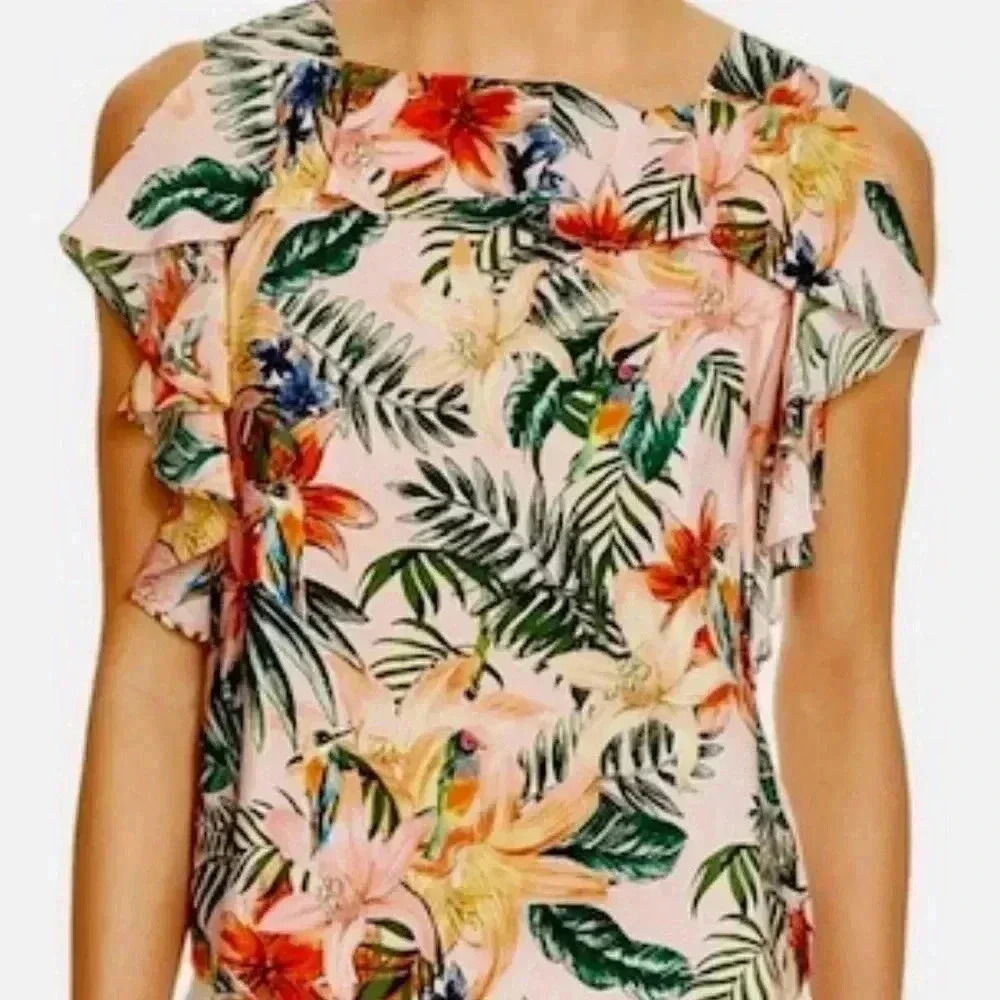 AMANDA UPRICHARD Women's Cold Shoulder Floral Silk Blouse Tropical Birds Size M